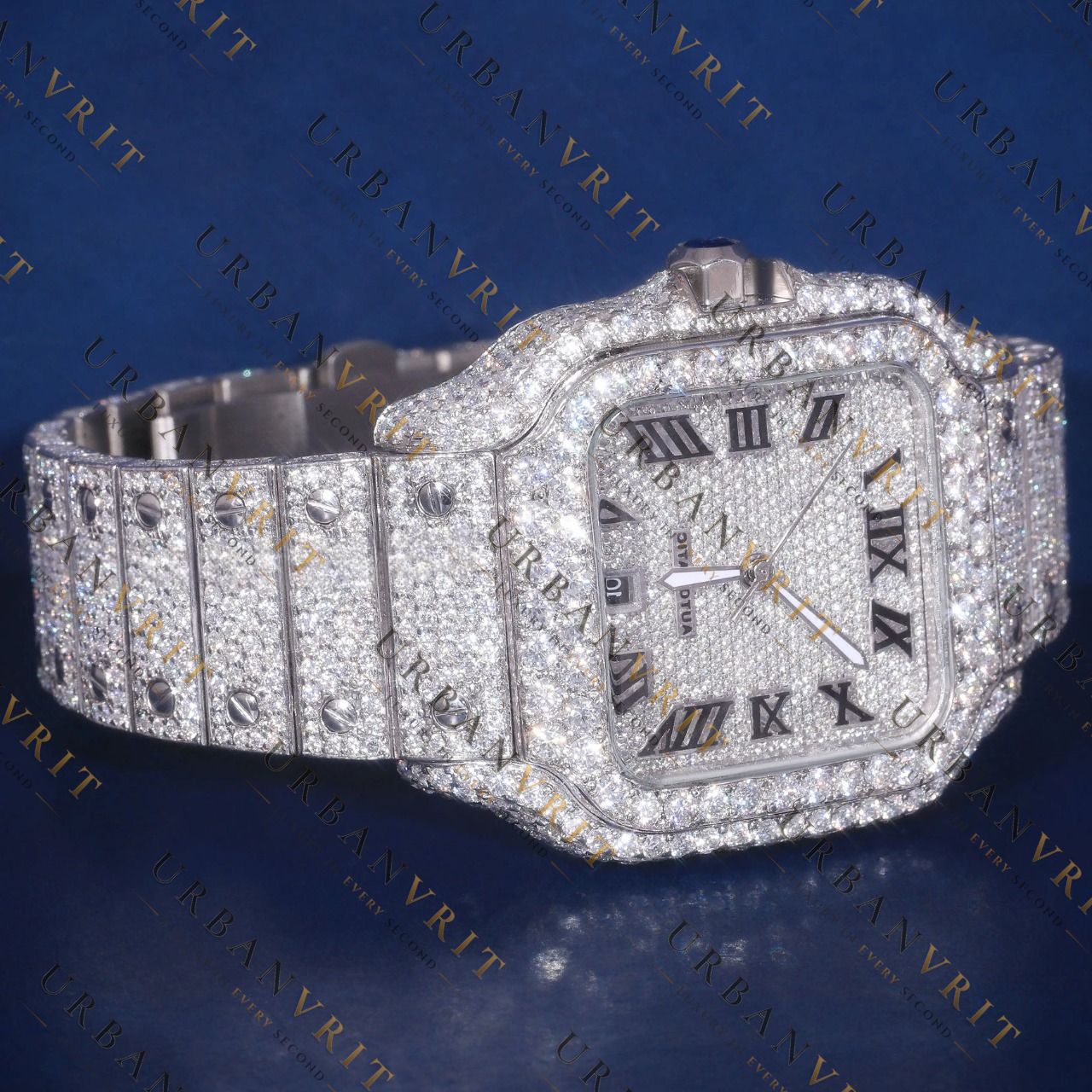 Fully Iced Square Roman Numeral VVS1 D Color Moissanite Watch