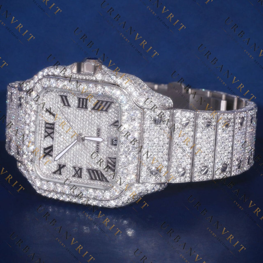 Fully Iced Square Roman Numeral VVS1 D Color Moissanite Watch