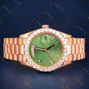 Rose Gold Green Dial Iced-out Bezel VVS1 D Color Moissanite Watch