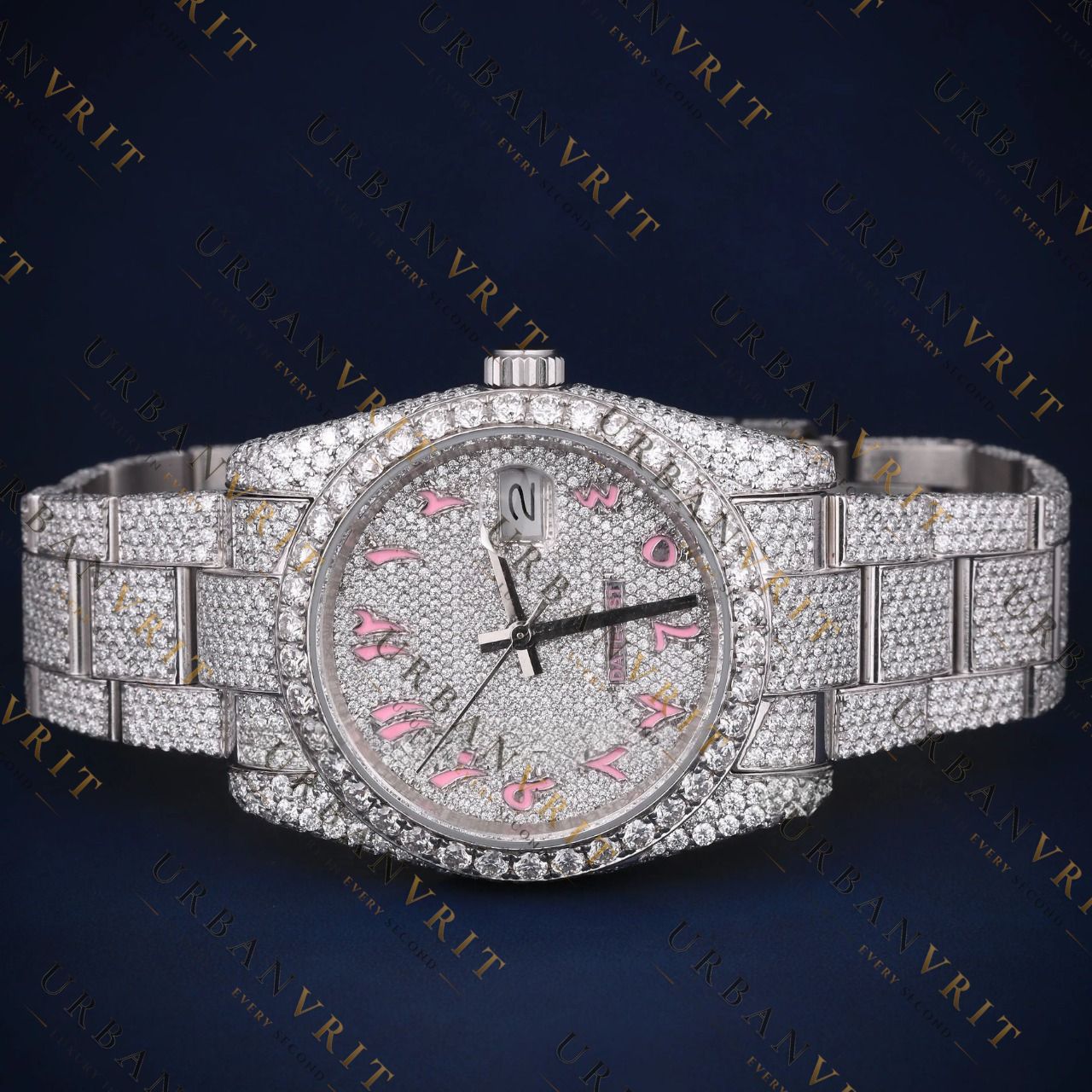 Pink Arabic Dial VVS1 D Color Moissanite Watch