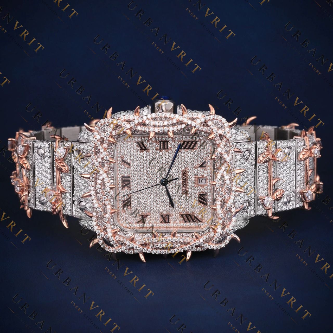 Rose Gold Thorn Bezel VVS1 D Color Moissanite Watch