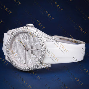 White Rubber Strap Iced-Out VVS1 D Color Moissanite Watch
