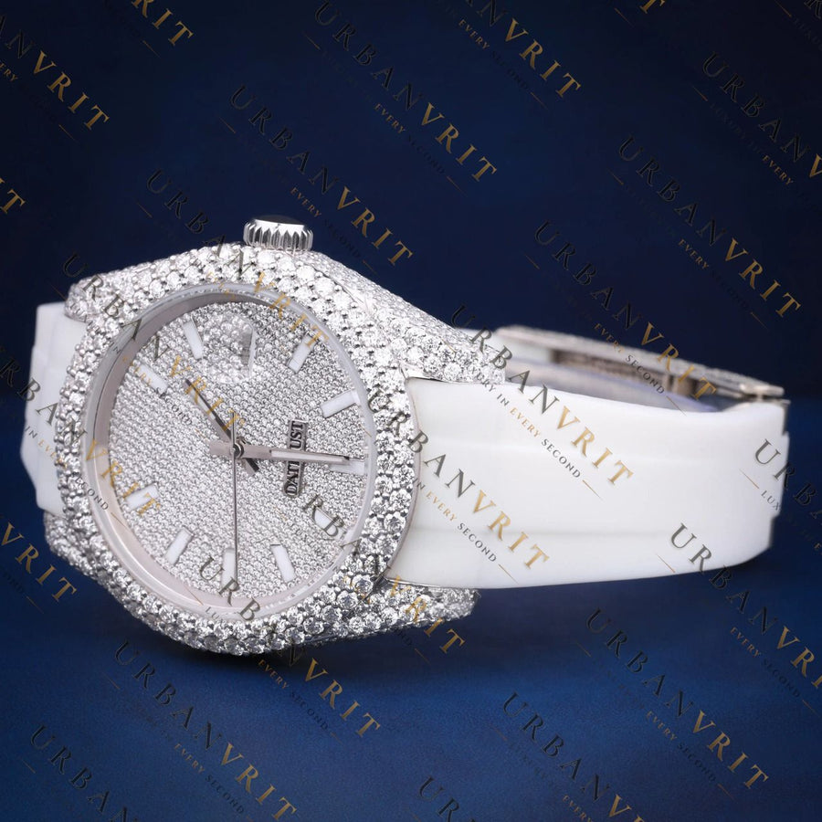 White Rubber Strap Iced-Out VVS1 D Color Moissanite Watch
