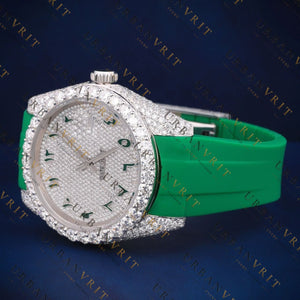 Green Rubber Strap Iced-Out Moissanite Automatic Watch