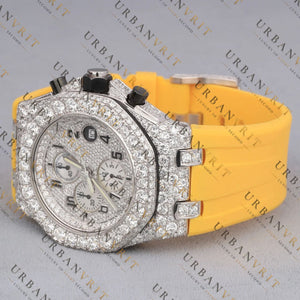 Yellow Rubber band Iced-Out Chronograph VVS1 D Color Moissanite Watch