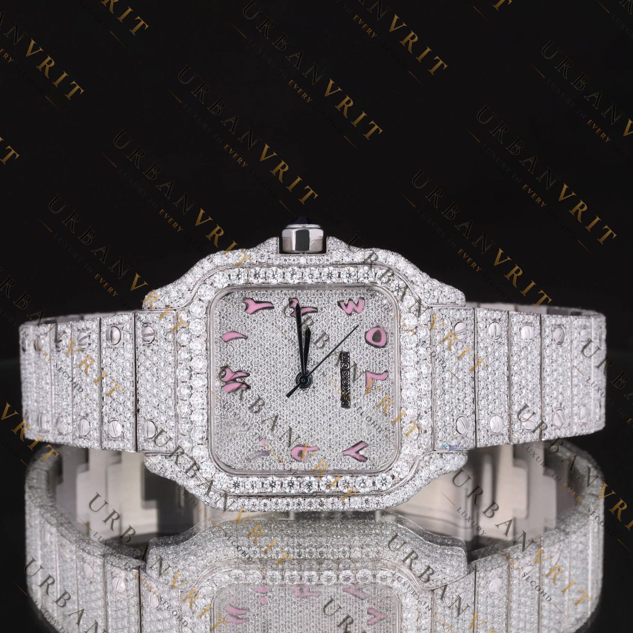 Pink Dial Moissanite Watch VVS1 D Color Fully Iced Out