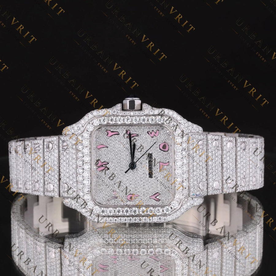 Pink Dial Moissanite Watch VVS1 D Color Fully Iced Out