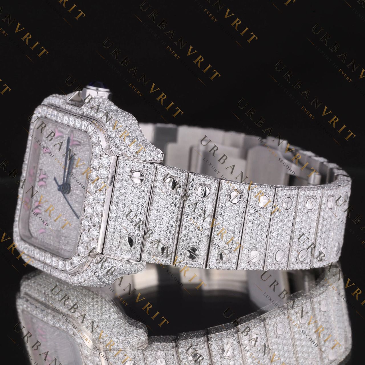 Pink Dial Moissanite Watch VVS1 D Color Fully Iced Out
