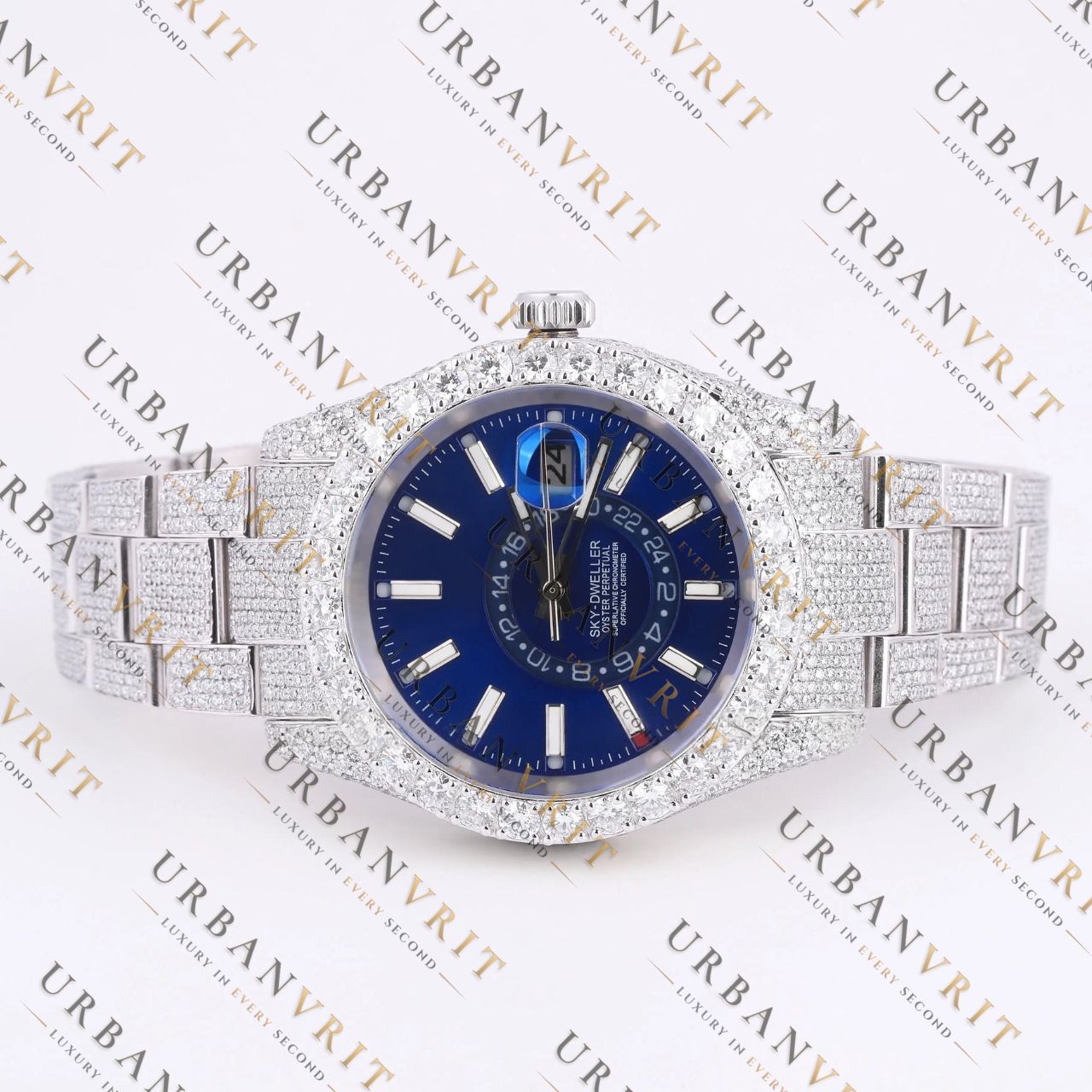 Blue Dial Moissanite Watch VVS1 D Color Fully Iced Out White Gold