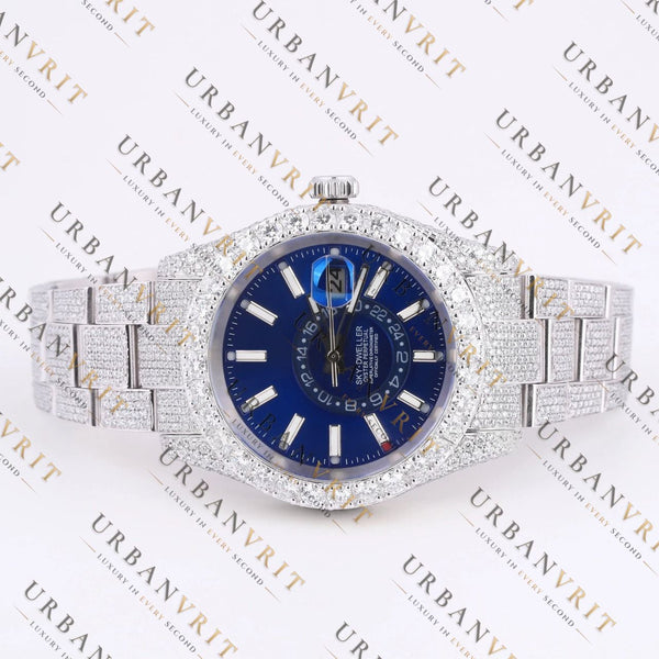 Blue Dial Moissanite Watch VVS1 D Color Fully Iced Out White Gold