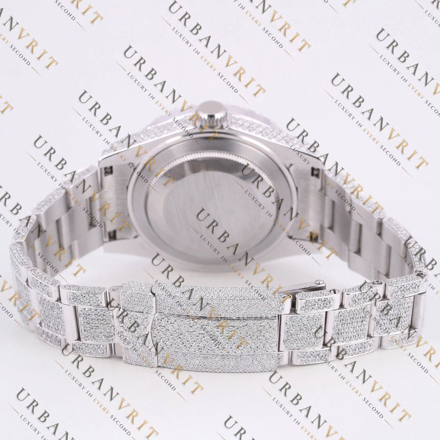Blue Dial Moissanite Watch VVS1 D Color Fully Iced Out White Gold