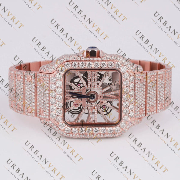 Rose Gold Skeleton Moissanite Watch VVS1 D Color Fully Iced