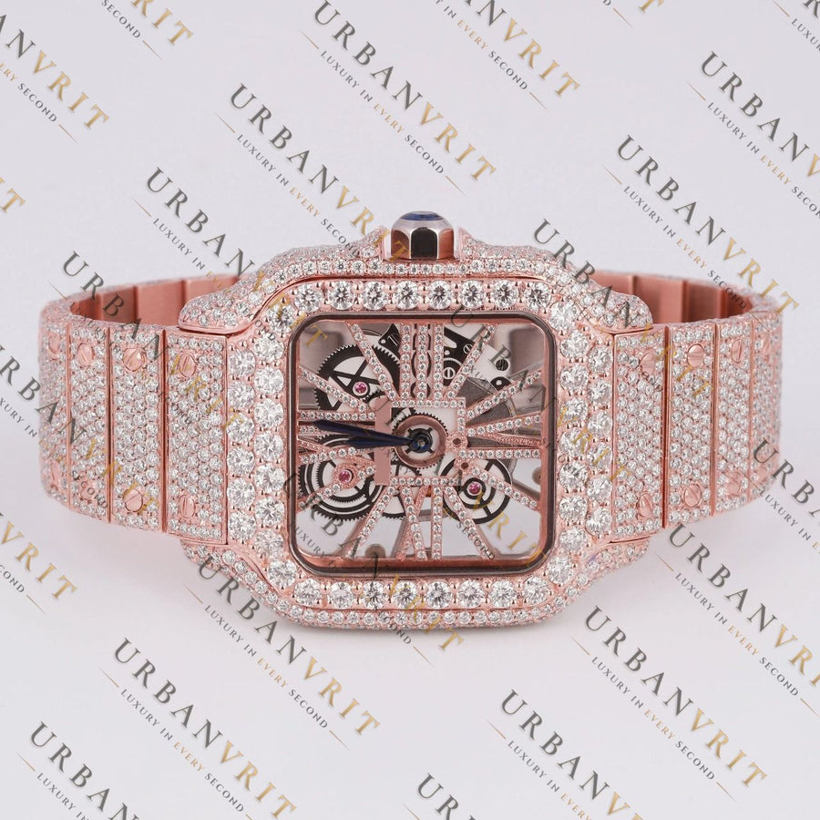 Rose Gold Skeleton Moissanite Watch VVS1 D Color Fully Iced