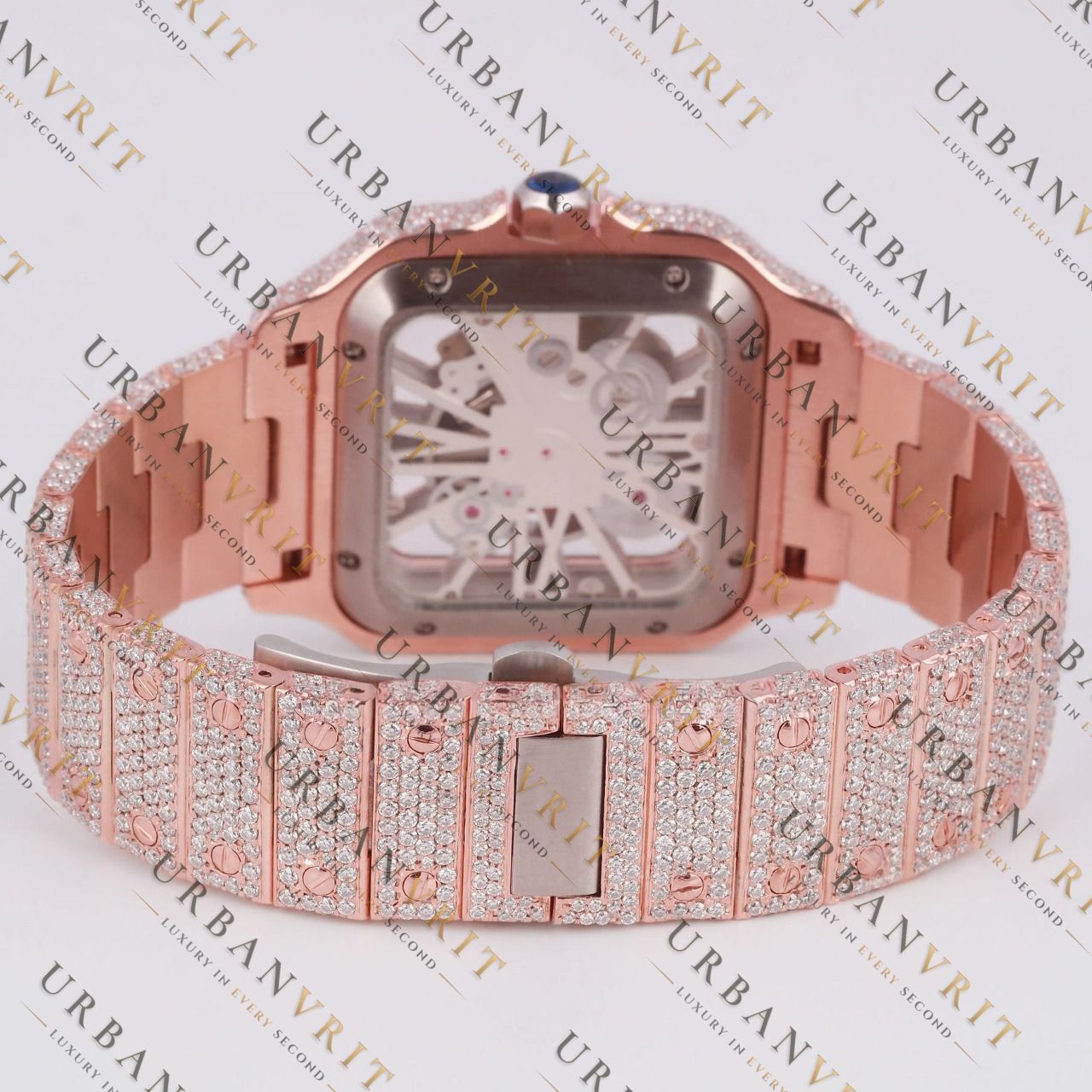 Rose Gold Skeleton Moissanite Watch VVS1 D Color Fully Iced