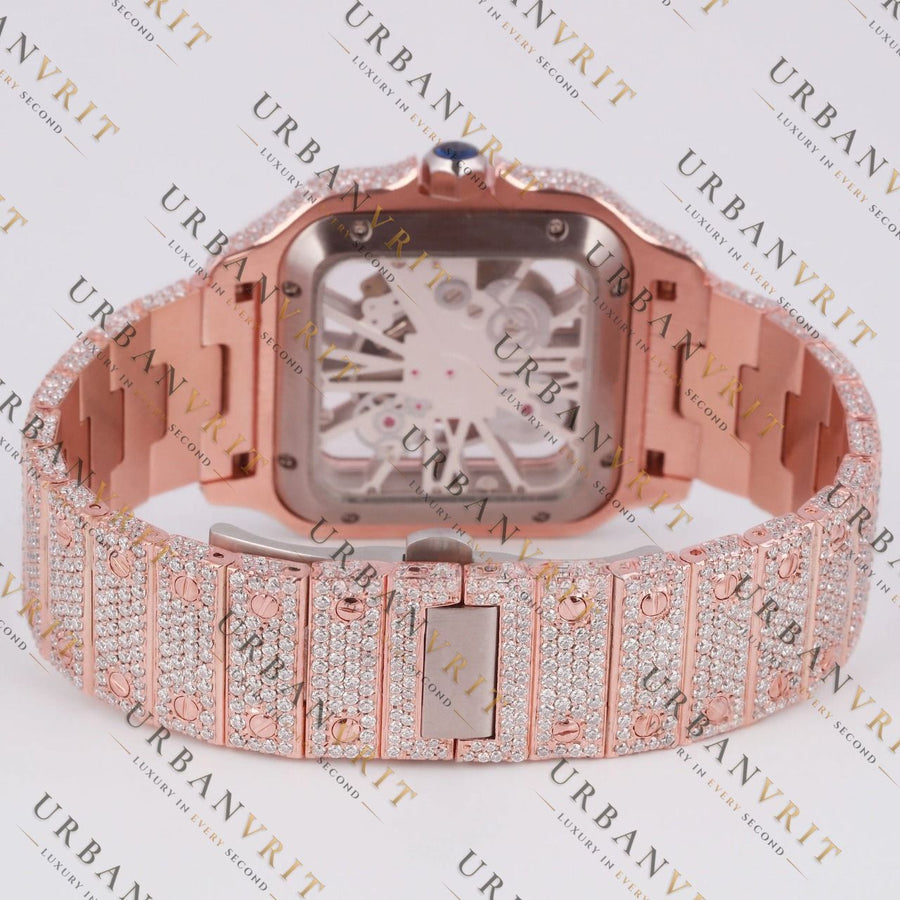 Rose Gold Skeleton Moissanite Watch VVS1 D Color Fully Iced