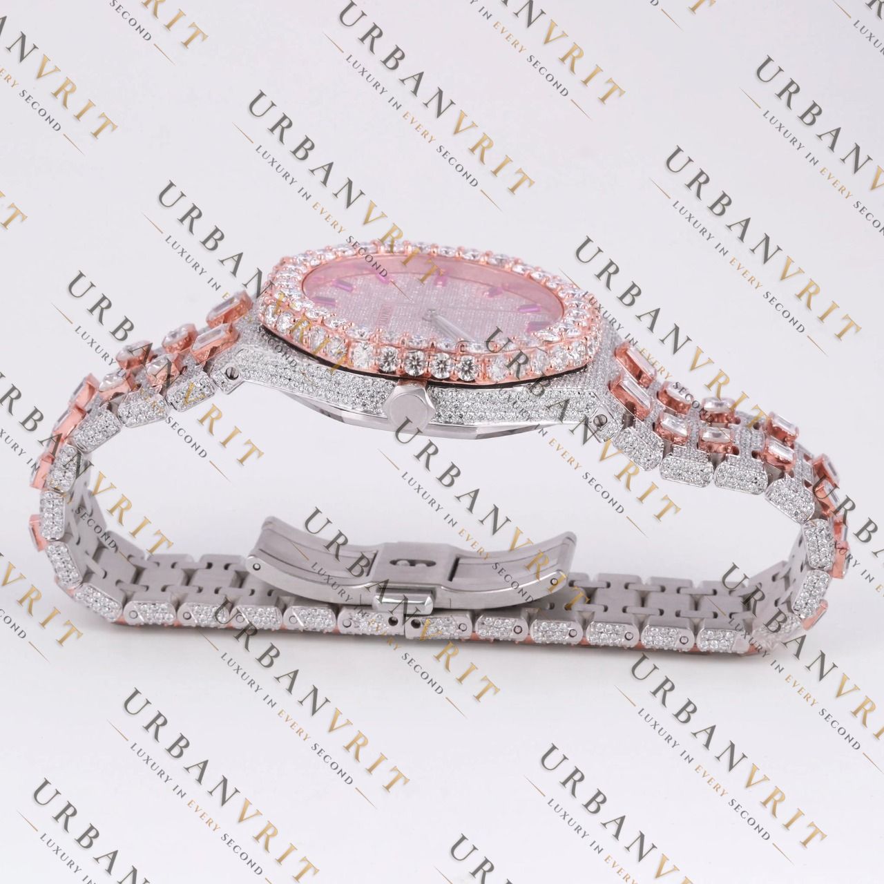 Rose Gold Two Tone Moissanite Watch VVS1 D Color Fully Iced