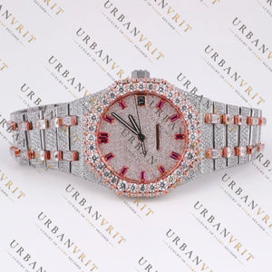 Rose Gold Two Tone Moissanite Watch VVS1 D Color Fully Iced