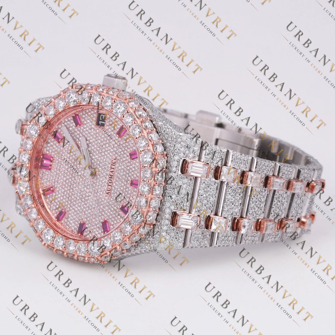 Rose Gold Two Tone Moissanite Watch VVS1 D Color Fully Iced
