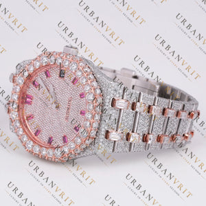Rose Gold Two Tone Moissanite Watch VVS1 D Color Fully Iced