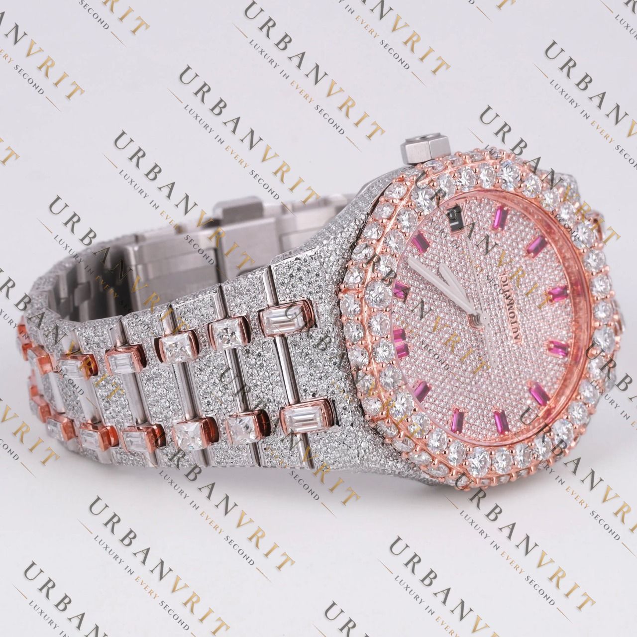 Rose Gold Two Tone Moissanite Watch VVS1 D Color Fully Iced