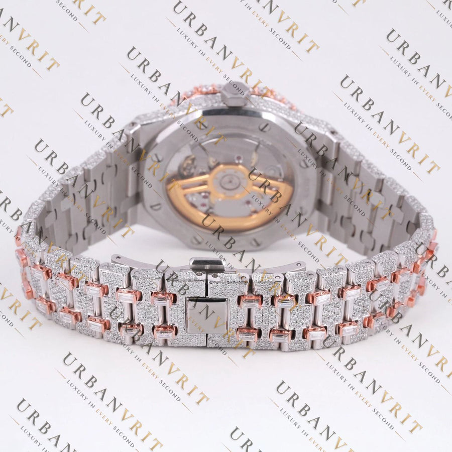 Rose Gold Two Tone Moissanite Watch VVS1 D Color Fully Iced