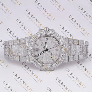 White Gold Moissanite Watch VVS1 D Color Fully Iced