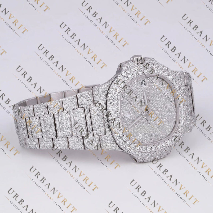 White Gold Moissanite Watch VVS1 D Color Fully Iced