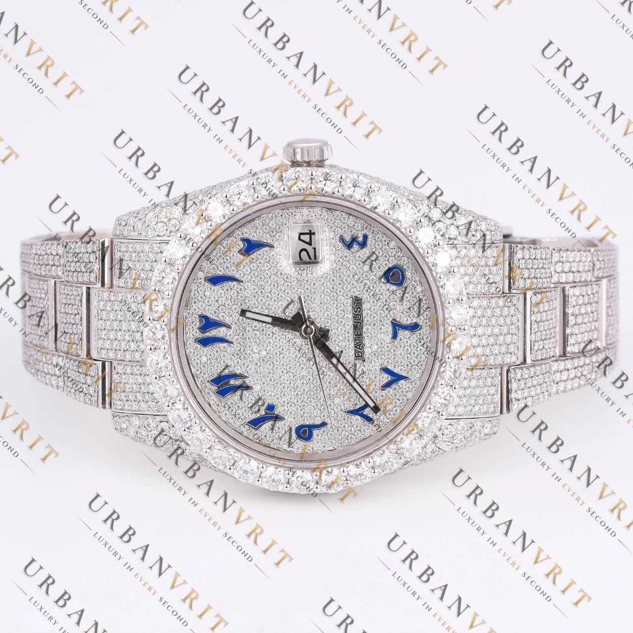 Blue Arabic Dial Moissanite Watch VVS1 D Color Fully Iced