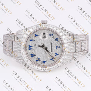 Blue Arabic Dial Moissanite Watch VVS1 D Color Fully Iced