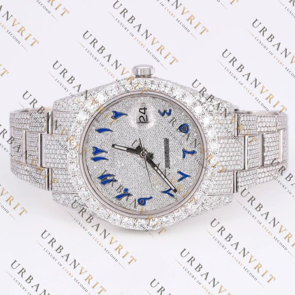 Blue Arabic Dial Moissanite Watch VVS1 D Color Fully Iced