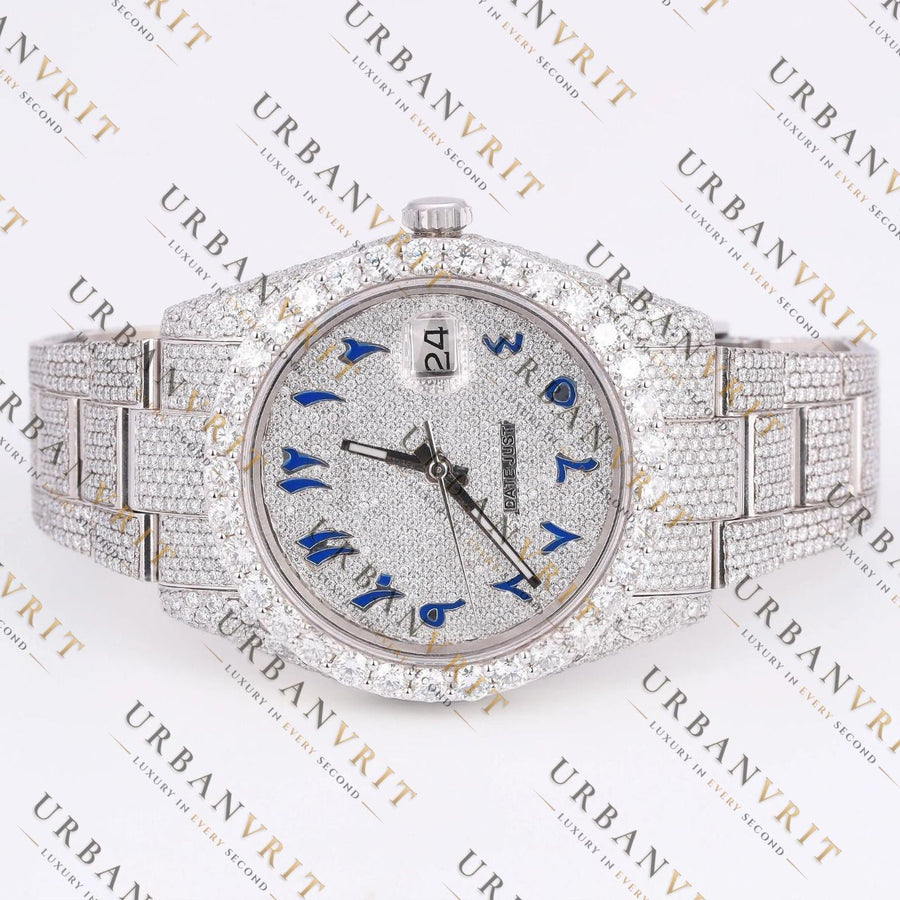 Blue Arabic Dial Moissanite Watch VVS1 D Color Fully Iced