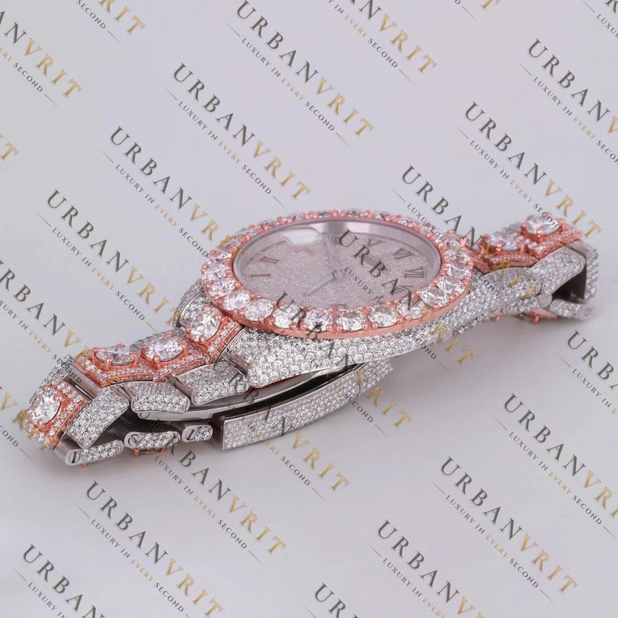 Rose Gold Two Tone Moissanite Watch VVS1 D Color Fully Iced