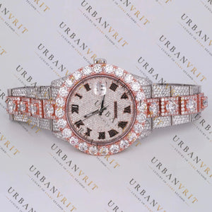 Rose Gold Two Tone Moissanite Watch VVS1 D Color Fully Iced