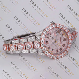 Rose Gold Two Tone Moissanite Watch VVS1 D Color Fully Iced