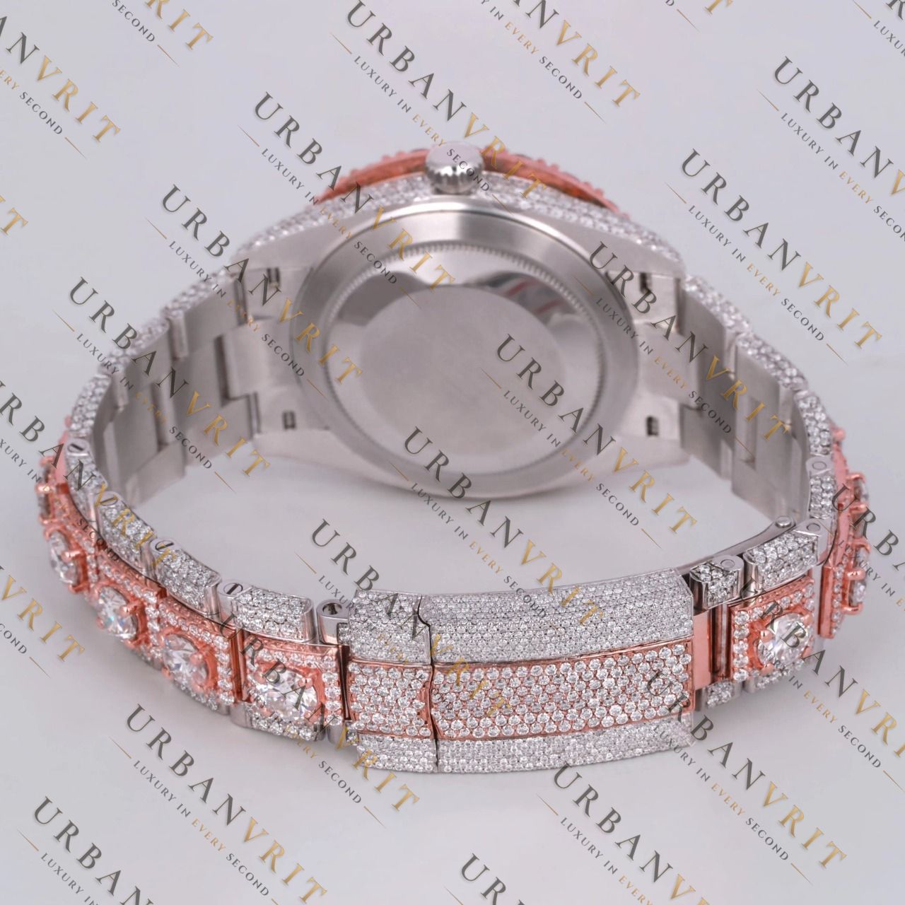 Rose Gold Two Tone Moissanite Watch VVS1 D Color Fully Iced