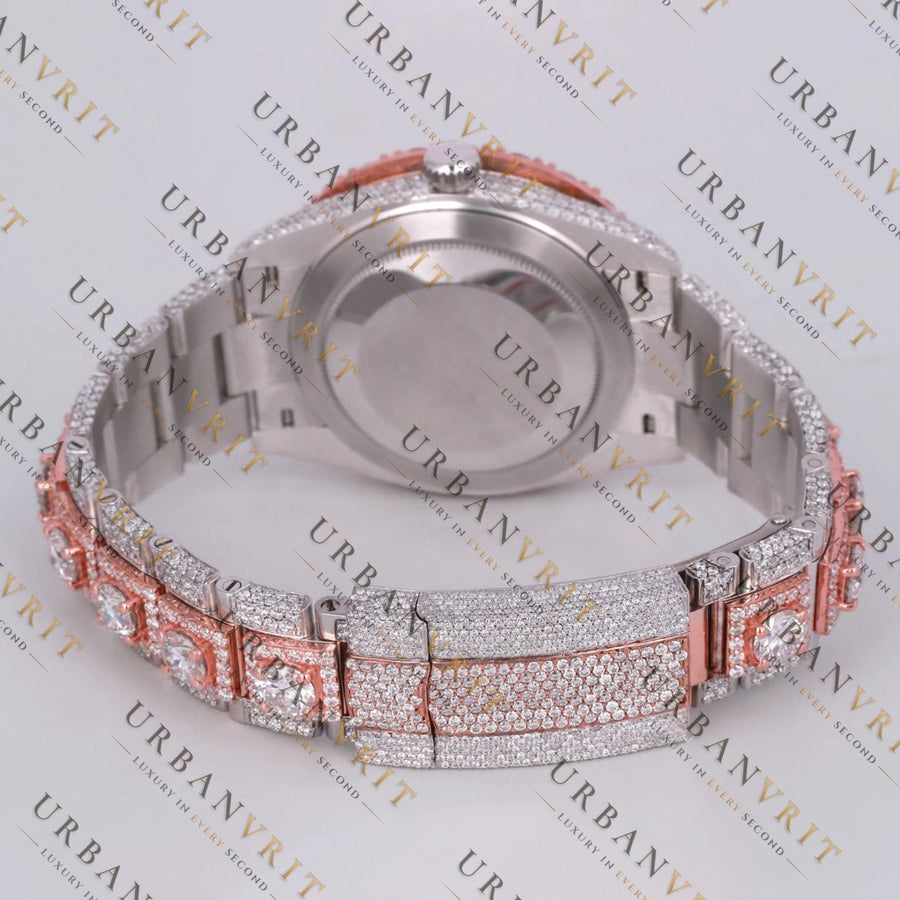 Rose Gold Two Tone Moissanite Watch VVS1 D Color Fully Iced