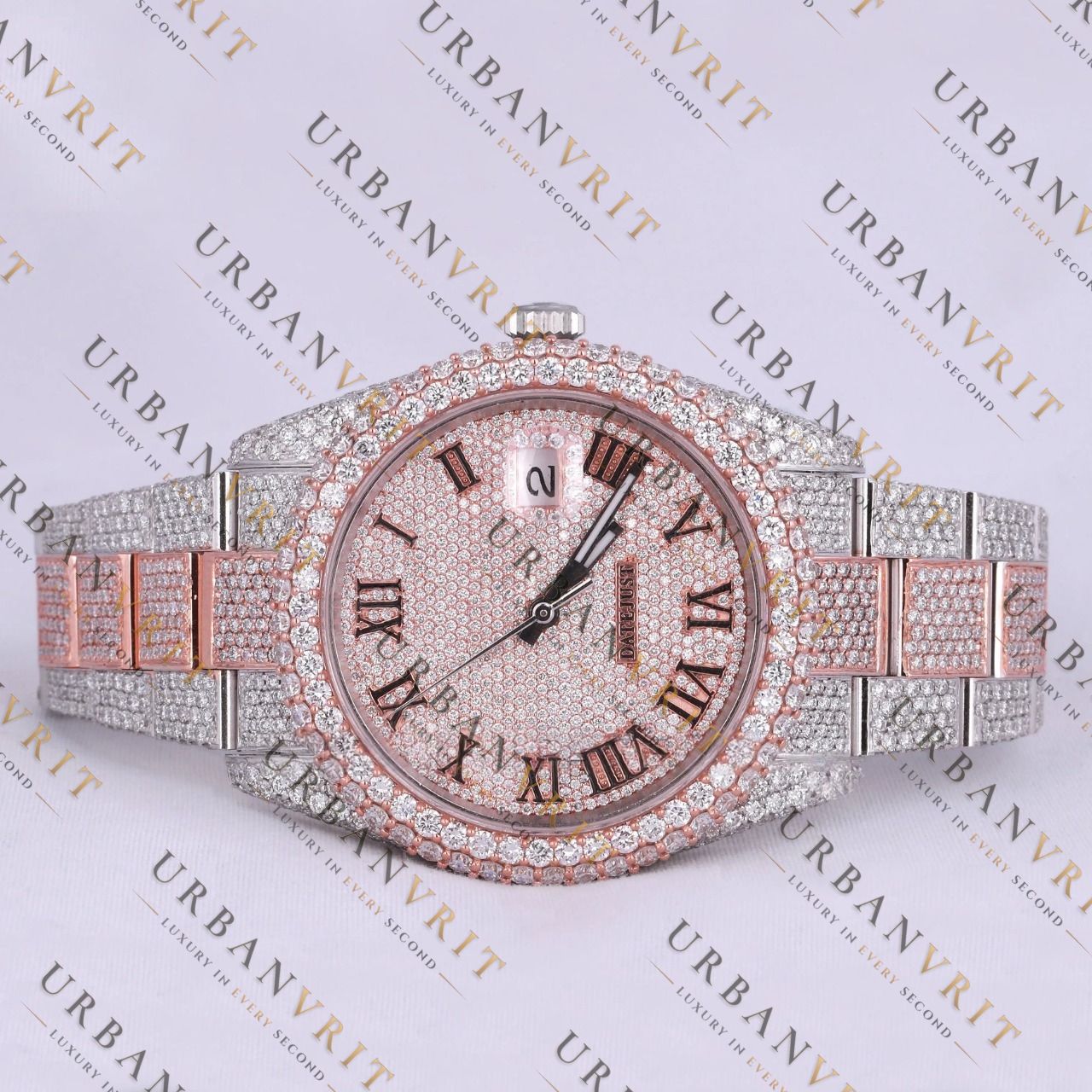Rose Gold Two Tone Moissanite Watch VVS1 D Color Fully Iced