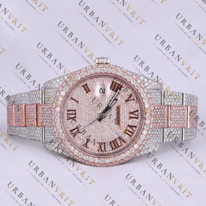 Rose Gold Two Tone Moissanite Watch VVS1 D Color Fully Iced