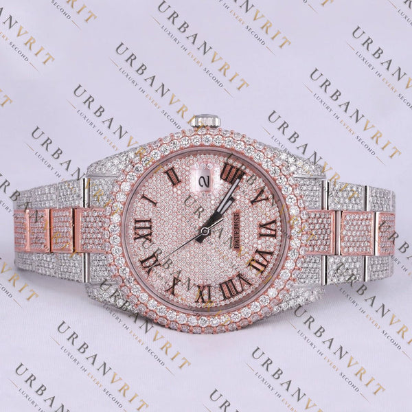 Rose Gold Two Tone Moissanite Watch VVS1 D Color Fully Iced