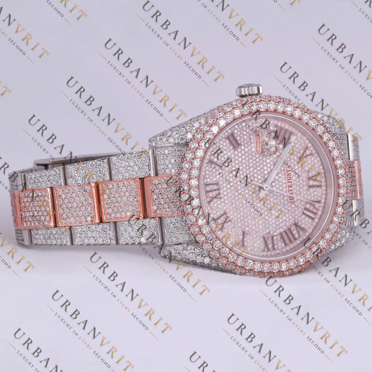 Rose Gold Two Tone Moissanite Watch VVS1 D Color Fully Iced