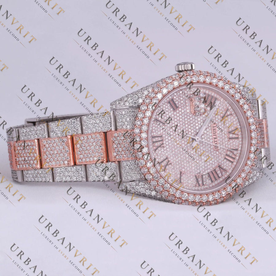Rose Gold Two Tone Moissanite Watch VVS1 D Color Fully Iced