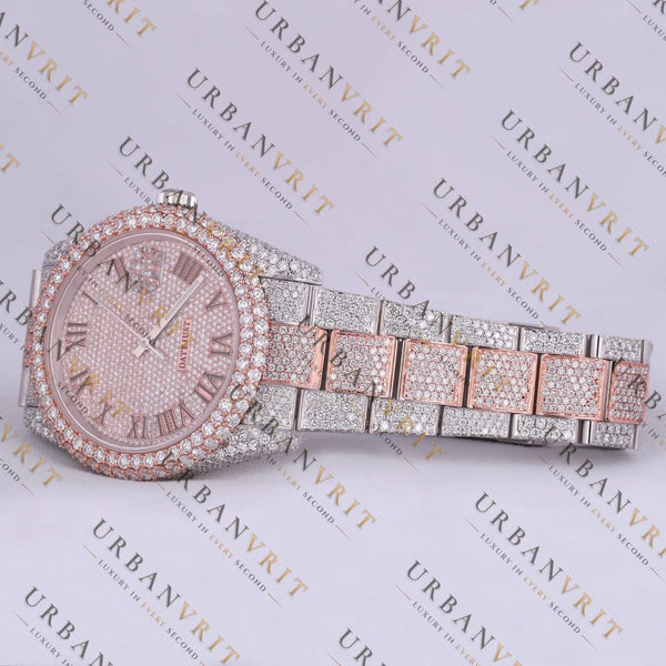 Rose Gold Two Tone Moissanite Watch VVS1 D Color Fully Iced