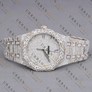 White Gold Moissanite Watch VVS1 D Color Fully Iced