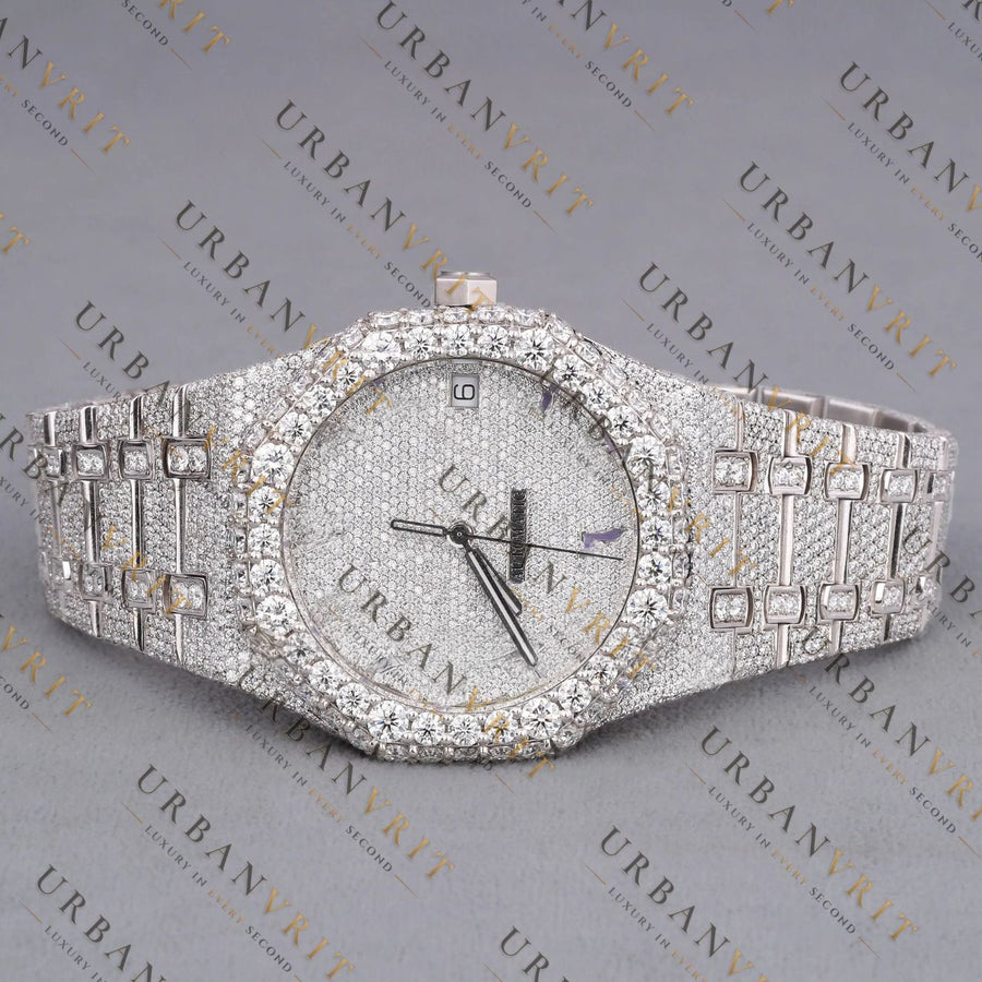 White Gold Moissanite Watch VVS1 D Color Fully Iced