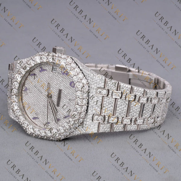 White Gold Moissanite Watch VVS1 D Color Fully Iced