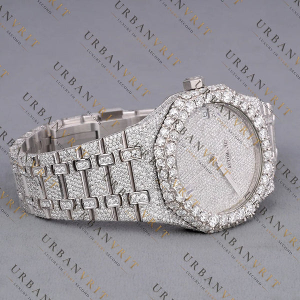 White Gold Moissanite Watch VVS1 D Color Fully Iced