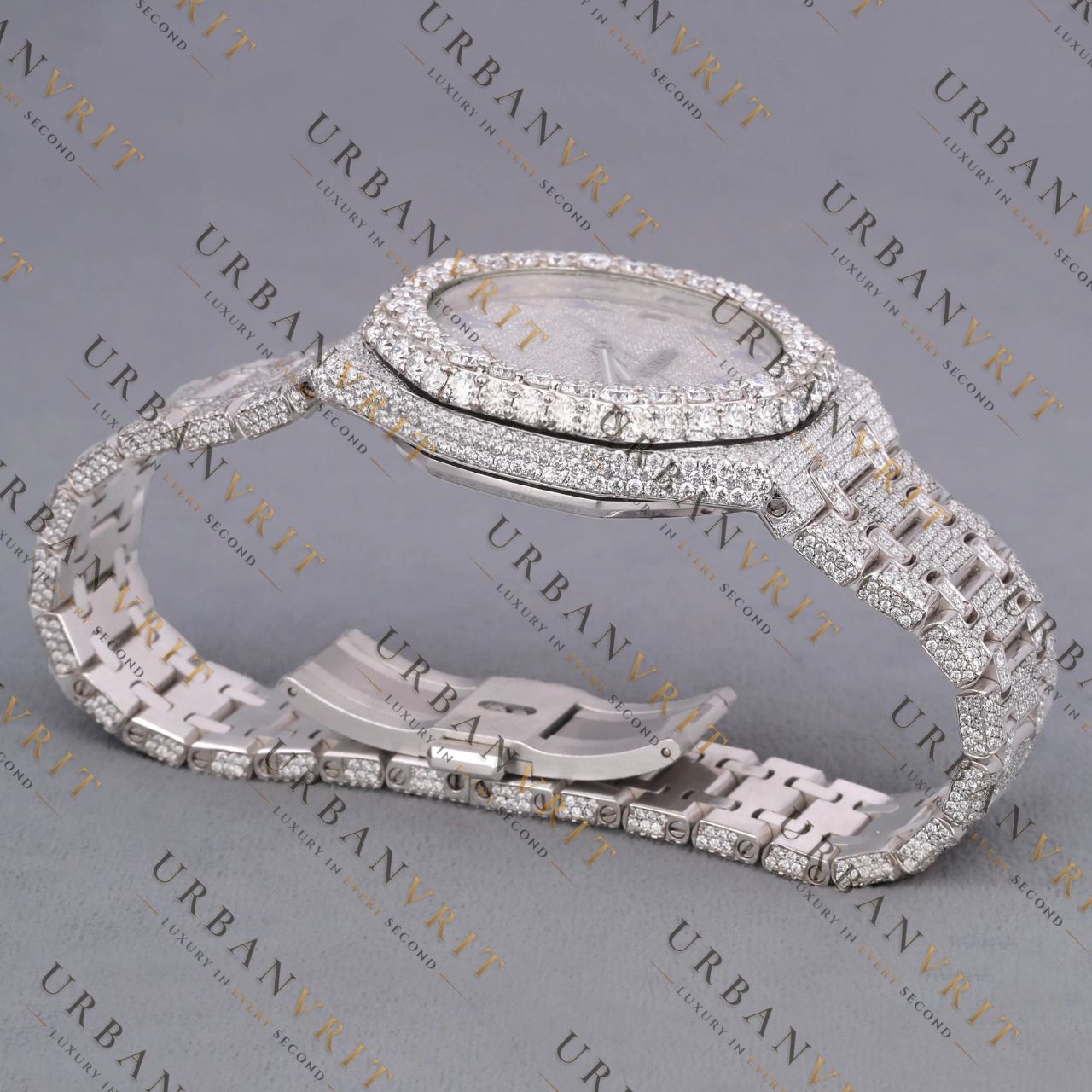 White Gold Moissanite Watch VVS1 D Color Fully Iced