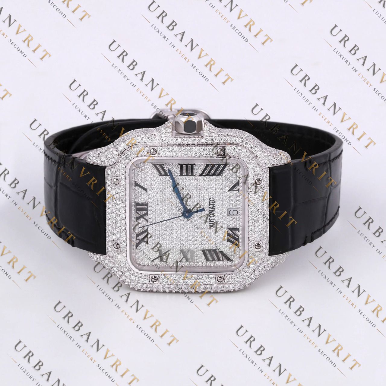 White Gold Moissanite Watch VVS1 D Color Fully Iced