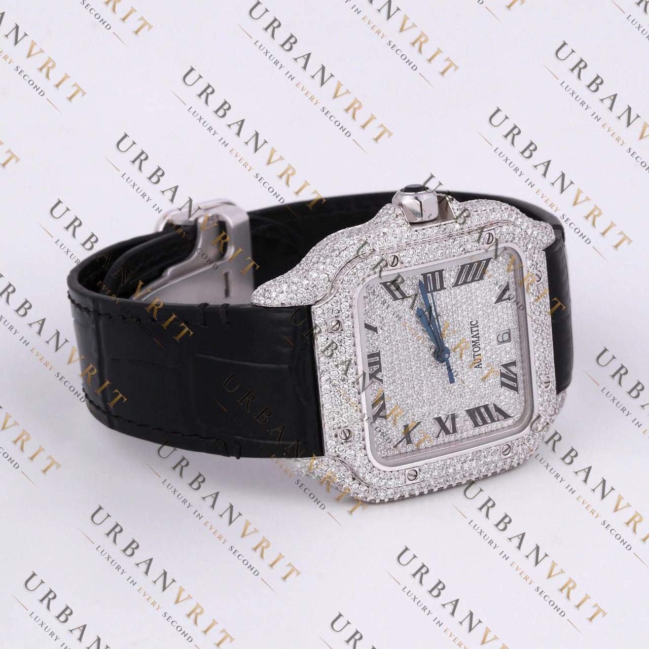 White Gold Moissanite Watch VVS1 D Color Fully Iced