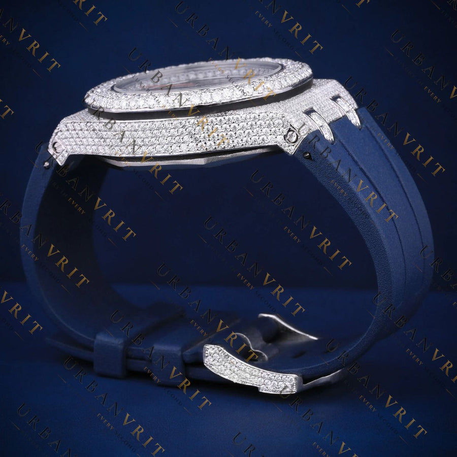 Blue Strap Moissanite Watch VVS1 D Color Fully Ice